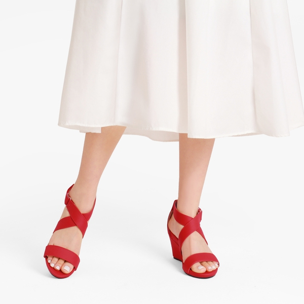 Elastic Ankle Strap Wedge Sandals - RED NUBUCK - 1